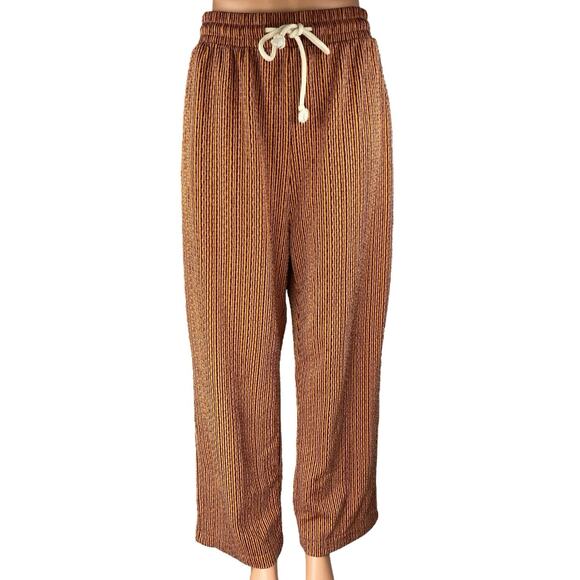 Zara Brown Striped Elastic Waist Drawstring Wide Leg Trousers Lounge Pants Sz L - Picture 1 of 5